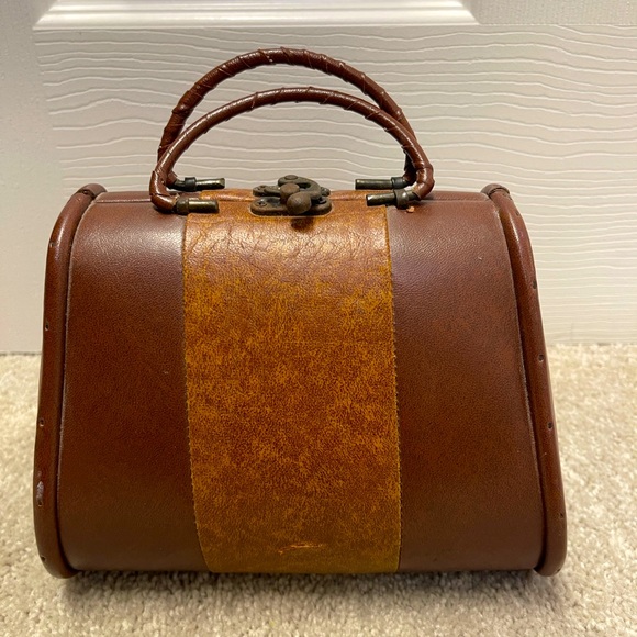Vintage 60’s 70’s wood leather mini purse handbag possibly doctors bag brown - Picture 2 of 13